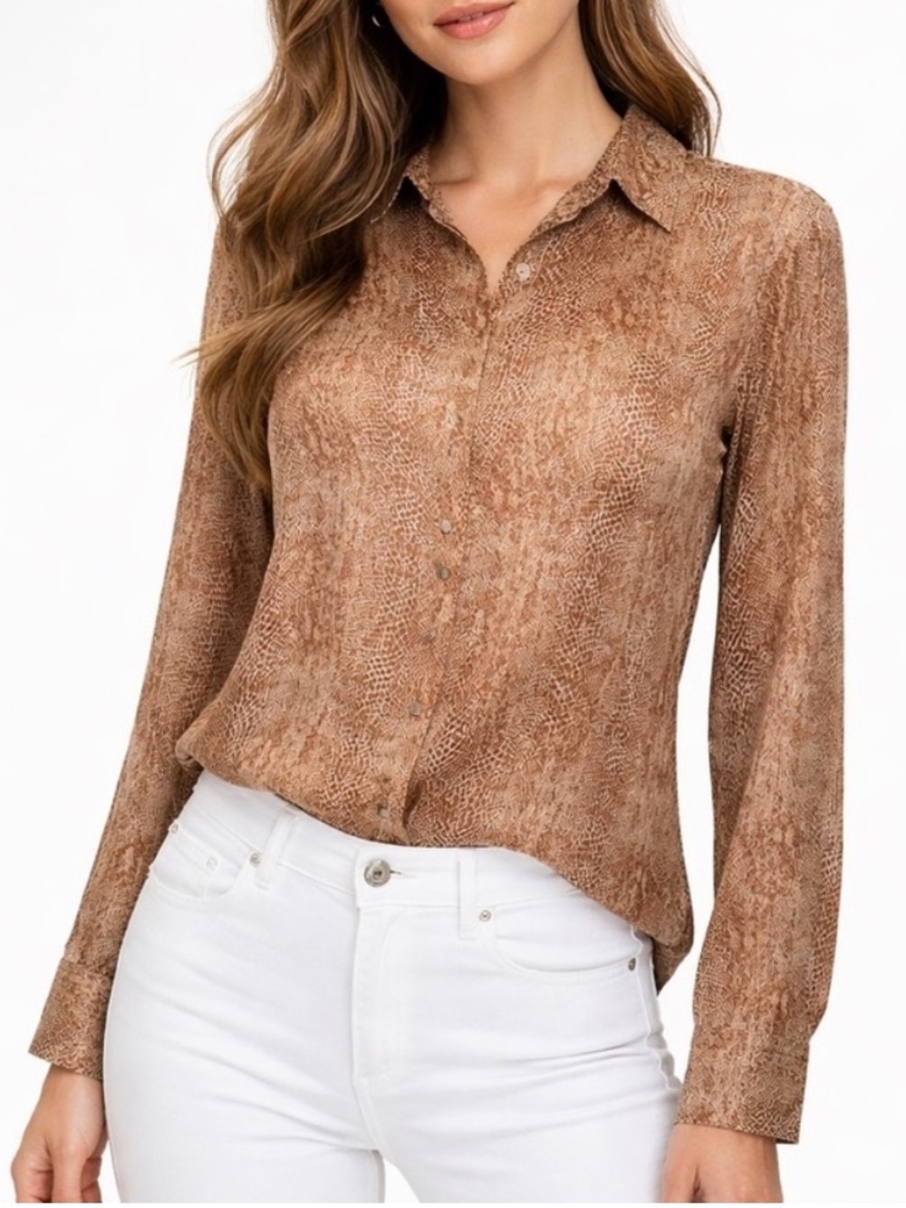 NEW a new day Animal print satin blouse top SMALL brown tan long sleeves buttons